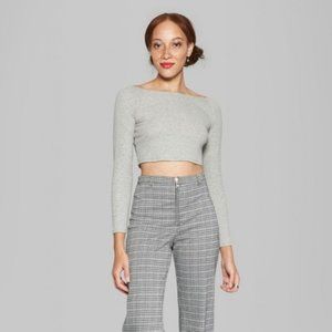 Light Gray Ribbed Off Shoulder Crop Top